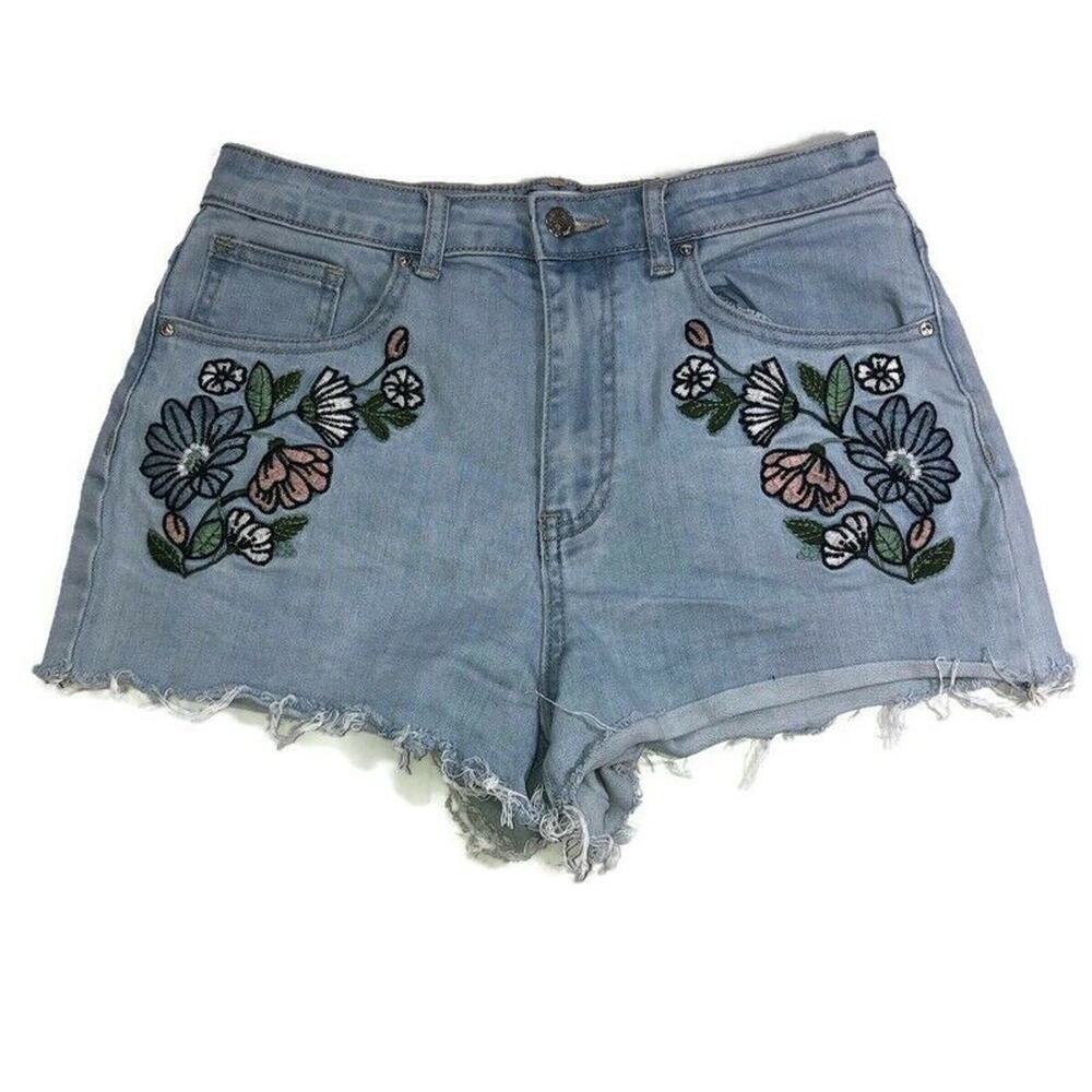 Forever 21 Womens Jean Shorts Juniors Size 27 Floral Embroidered Light Wash Blue